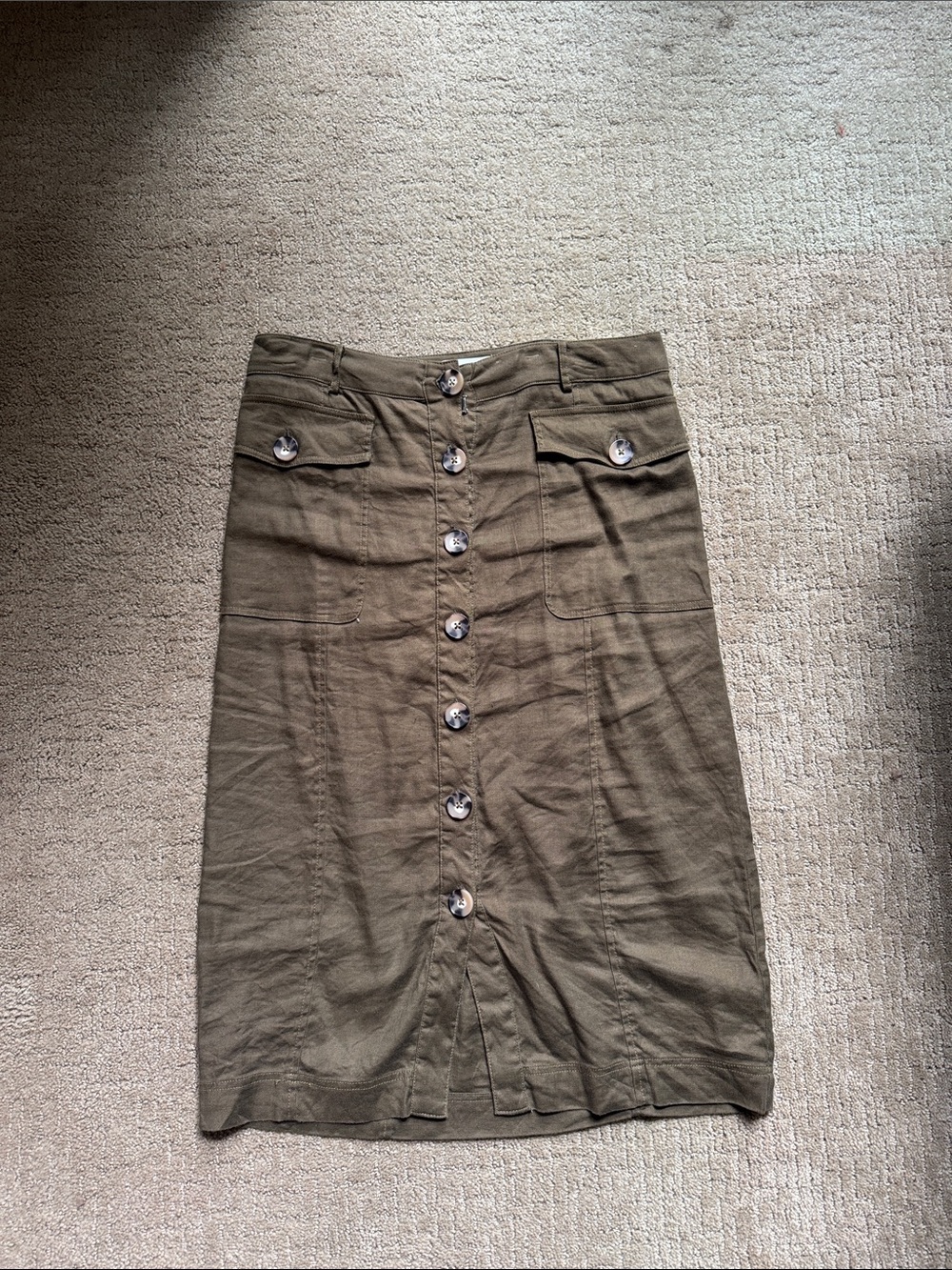 Anthropologie Linen Olive Button-Front Midi Skirt with Patch Pockets